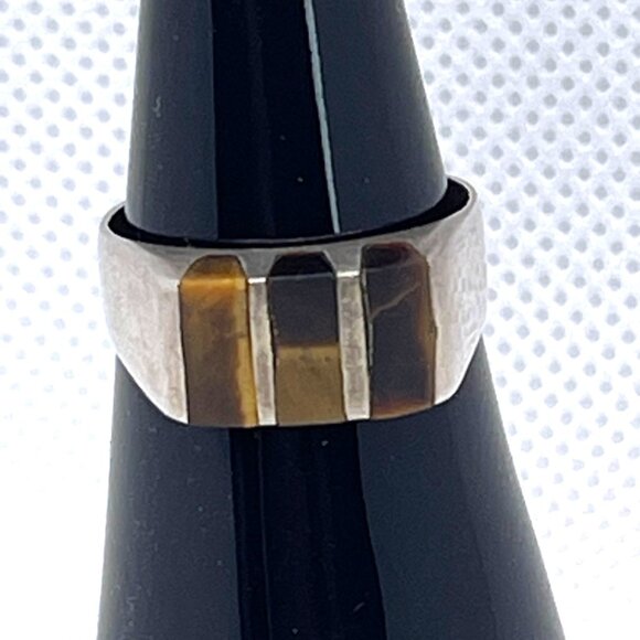 Mexico 925 Sterling Silver Tigers Eye Inlay Ring Size Handmade Signed FCV Size 7 - Picture 1 of 9